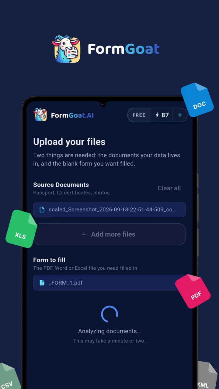 FormGoat for Android: uploaded documents and the form to fill