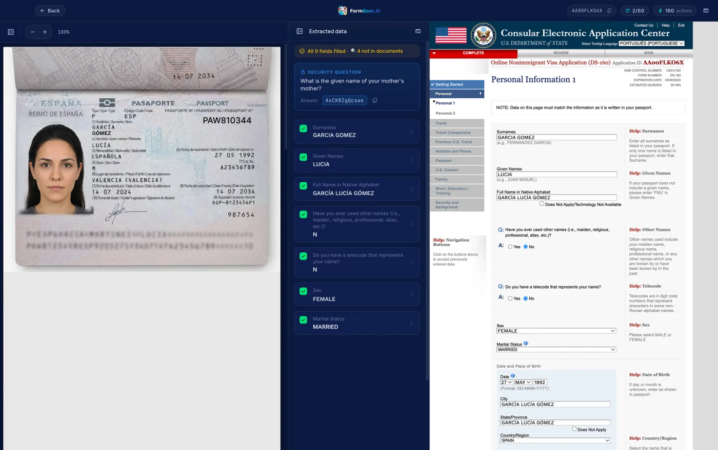 FormGoat DS-160: a passport, the extracted data and the official DS-160 page side by side