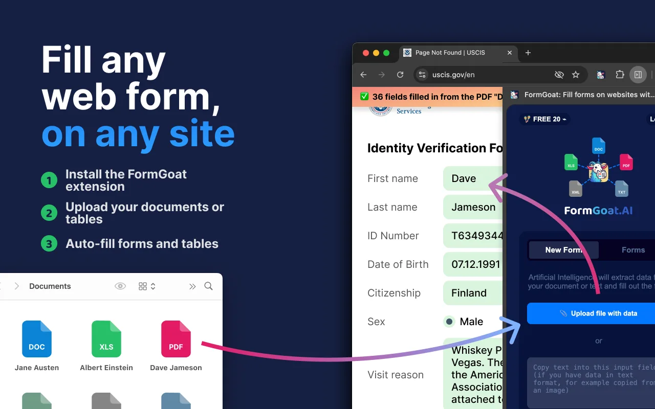 The FormGoat side panel next to a web form whose fields are filled from a PDF