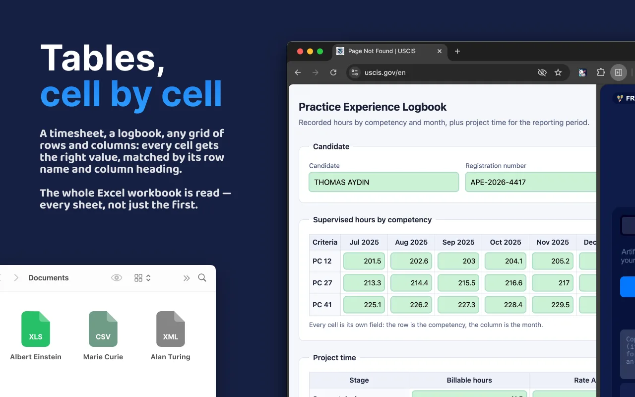 A logbook form filled cell by cell from an Excel workbook: hours by competency and month