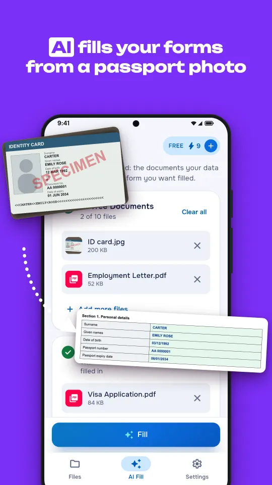 AI Fill in FormGoat on Android: an ID card photo and the completed form
