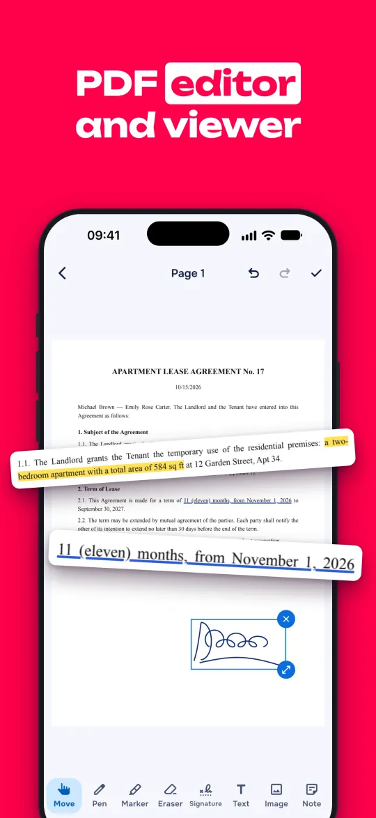 The FormGoat PDF editor on iPhone: highlight, underline and a signature on a lease agreement
