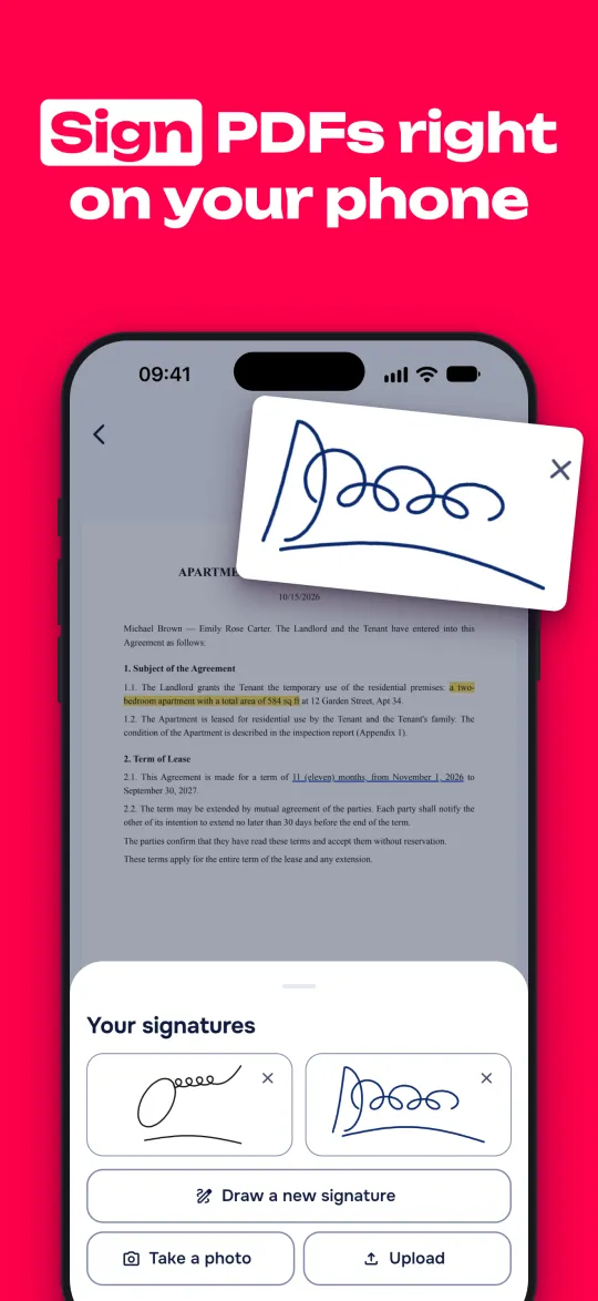 Saved signatures in the FormGoat editor on iPhone