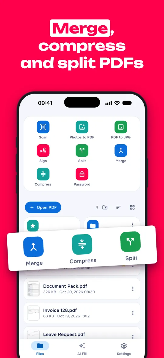 PDF tools on the Files tab in FormGoat on iPhone: merge, compress, split
